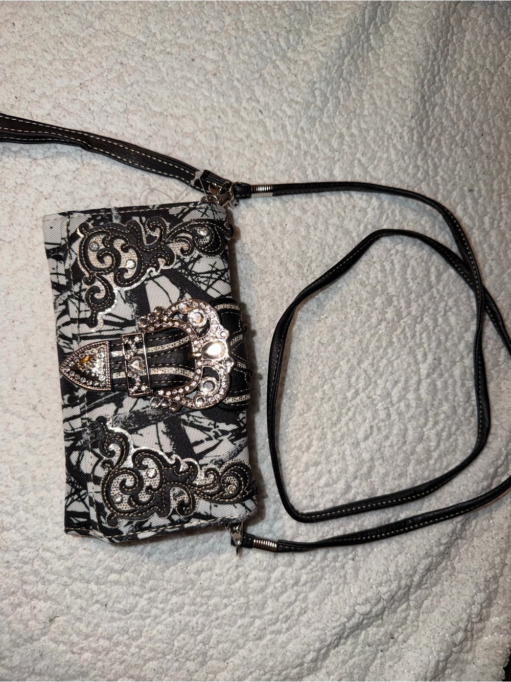 Black & White Embellished Crossbody Bag with Buckle Accent